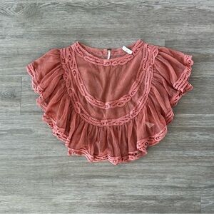New We The Free I'm Pretty, Ok Sheer Ruffled Lace Crop Top in Coral/Blush, XS